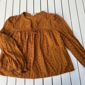 MADEWELL COTTON EYELET PUMPKIN COLORED LONG SLEEVED SHIRT